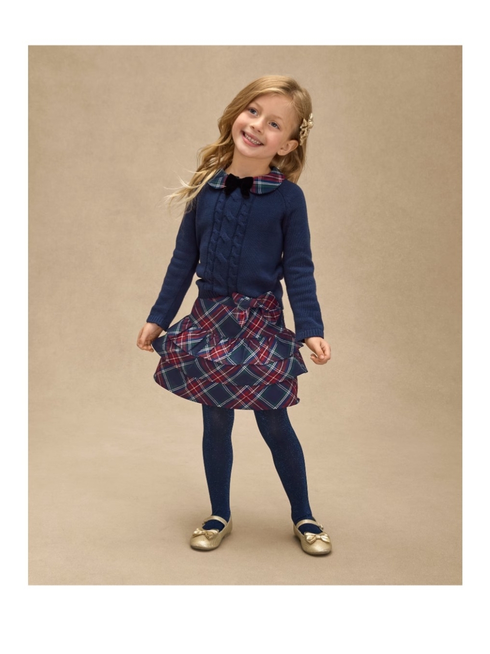 Girls Navy Plaid Ruffle Skirt and Cardigan Set